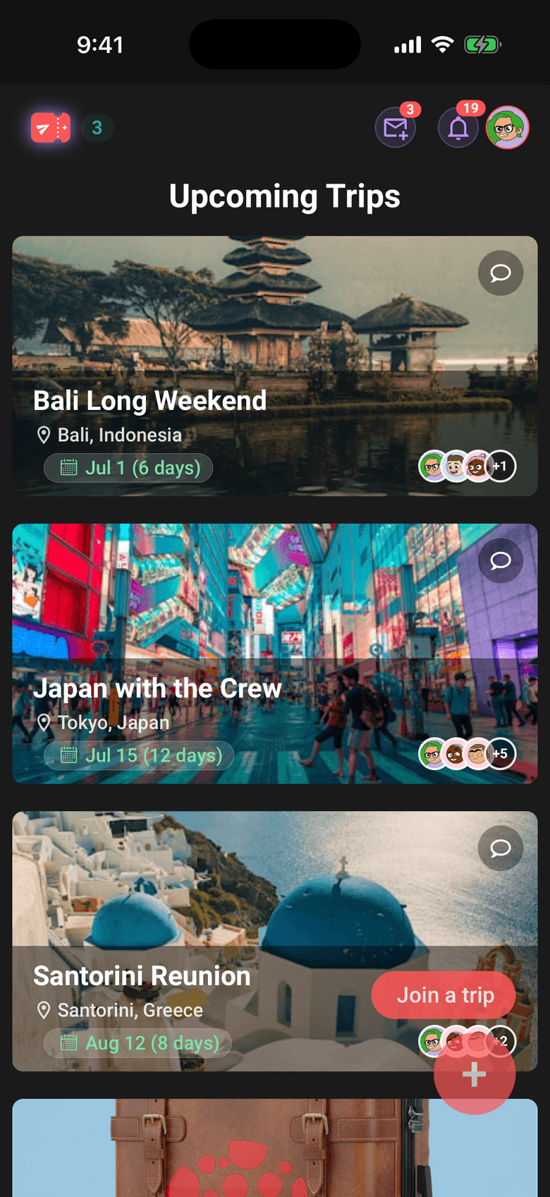 Limbo home screen with photo cards for upcoming group trips