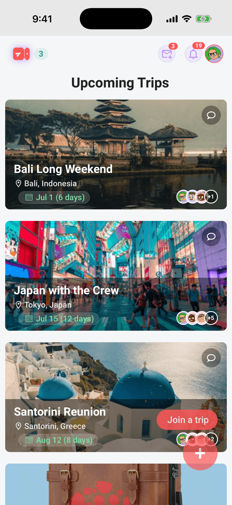 Limbo home screen with photo cards for upcoming group trips